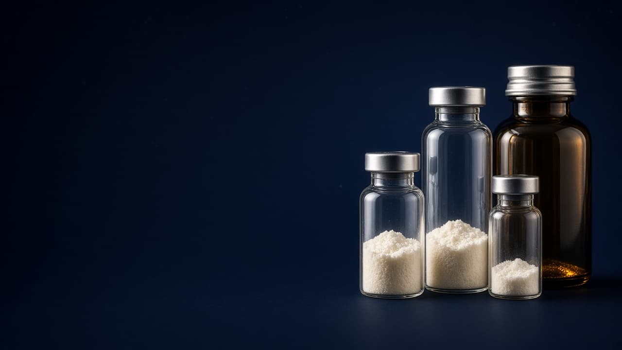 Lyophilized research vials and an amber laboratory bottle on a navy surface. Research use only. Not for human consumption.