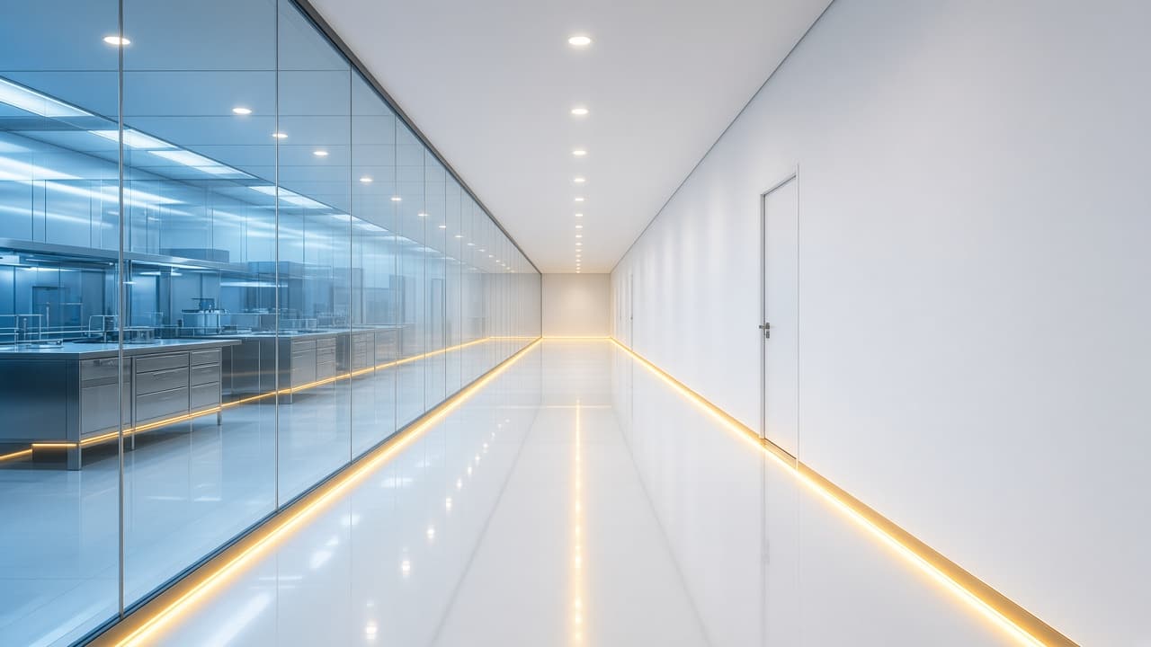 Empty cleanroom corridor with gold floor lighting in a research facility. Research use only. Not for human consumption.