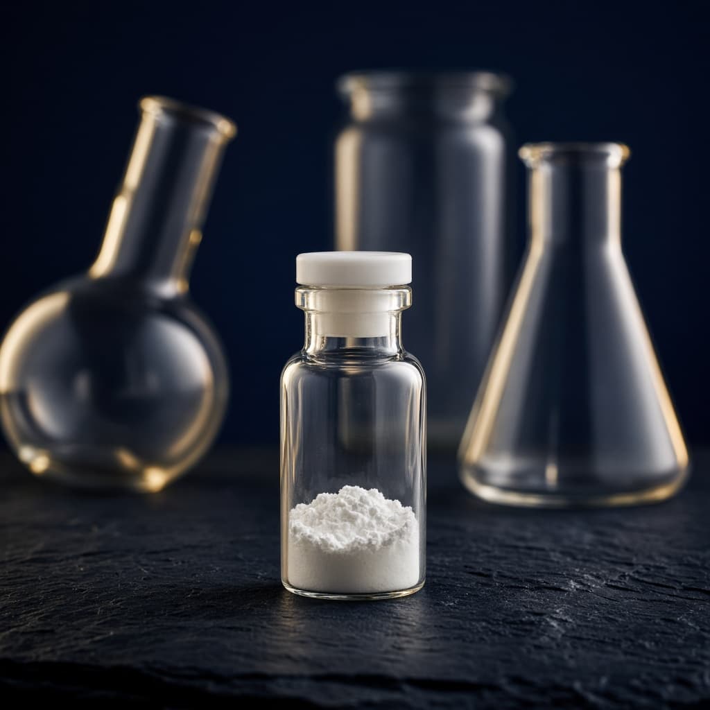 Lyophilized research vial with laboratory glassware. Research use only. Not for human consumption.