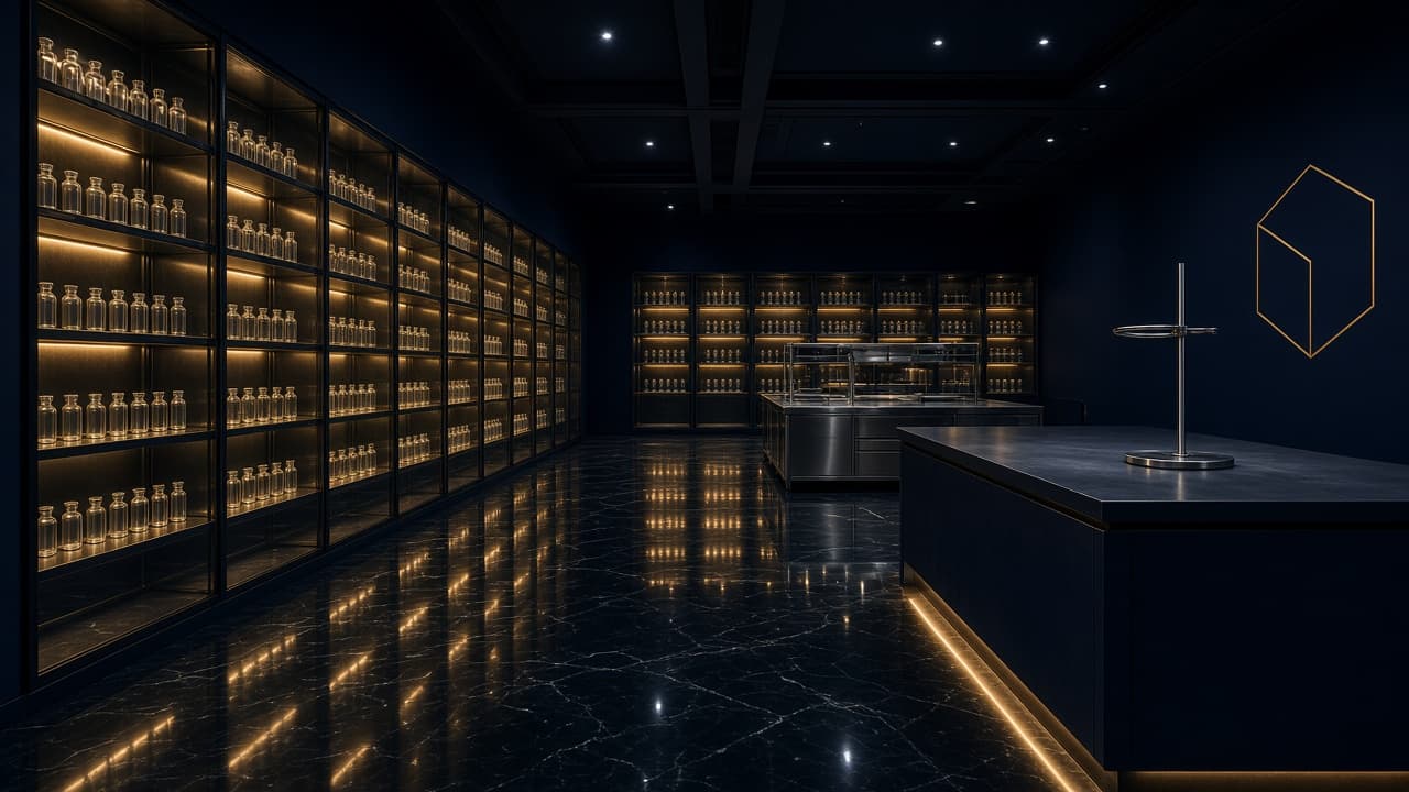 Empty navy laboratory hall with gold-lit vial cabinets. Research use only. Not for human consumption.